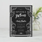 Gothic Schwarz-weiß Floral Typografy 16 . Geburtst Einladung (Stehend Vorderseite)