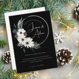 Gothic Schwarz-weiß Floral Wreath Christmas Einladung