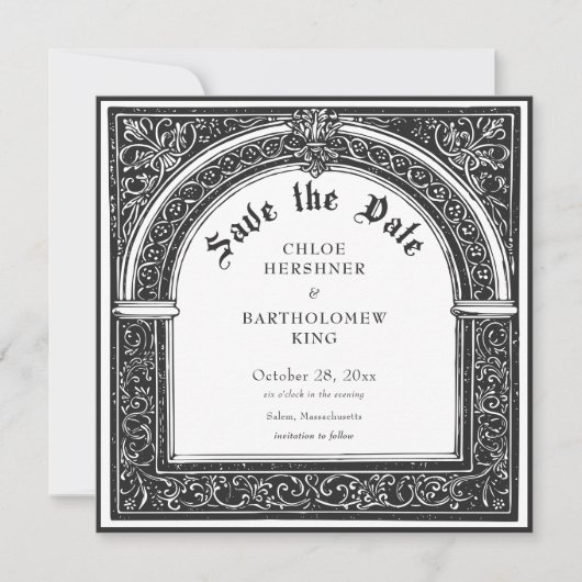 Gothic Schwarz-weiß Mittelalter bis Totenhochzeit Save The Date (Vorderseite)