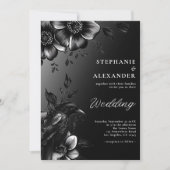 Gothic Schwarz-weiß Raven Floral Wedding Einladung (Vorderseite)