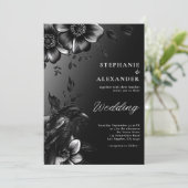 Gothic Schwarz-weiß Raven Floral Wedding Einladung (Stehend Vorderseite)