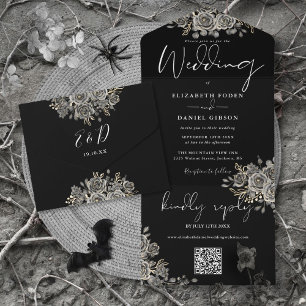 Gothic-Schwarz-Weiß-Rosen QR-Code-Hochzeit All In One Einladung