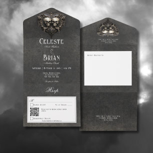 Gothic Schwarz & Weiße Schädel & Herz QR-Code All In One Einladung