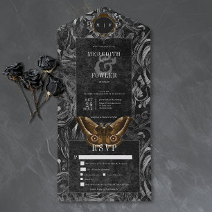 Gothic Schwarzbraune Filigran-Motte Dinner-Hochzei All In One Einladung