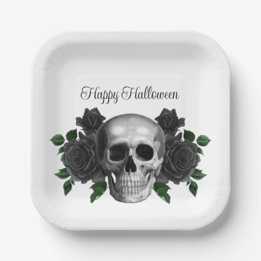 Gothic Schwarze Florale Schädel Halloween Pappteller (Vorderseite)