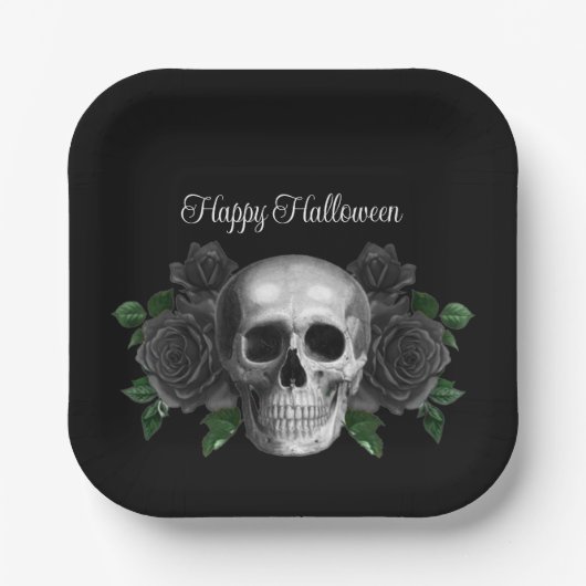 Gothic Schwarze Florale Schädel Halloween Pappteller (Vorderseite)