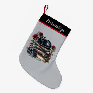 Gothic schwarze Katze auf Büchern rote Rosen Weihn Kleiner Weihnachtsstrumpf
