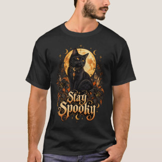 Gothic Schwarze Katze Goldener Mond Bleib Gruselig T-Shirt