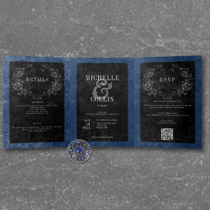 Gothic Schwarzer Rabe & Schwarze Rosen Blaue Hochz Dreifach Gefaltete Einladung