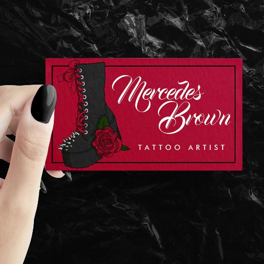 Gothic Script Boot Red Tattoo Artist Business Card Visitenkarte
