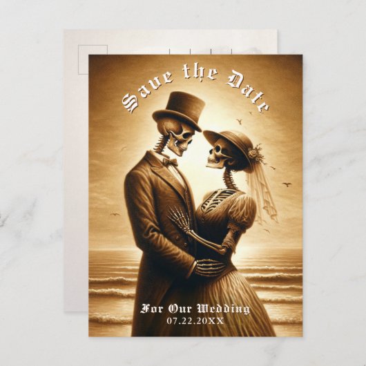 Gothic Sepia Skeleton Couple Wedding Save the Date Ankündigungspostkarte (Vorne/Hinten)