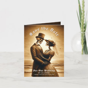 Gothic Sepia Skelett Brautpaar Hochzeit Terminankü Ankündigung