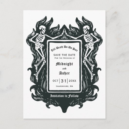 Gothic Skeleton bis Tode machen uns Save the Date Ankündigungspostkarte (Vorderseite)