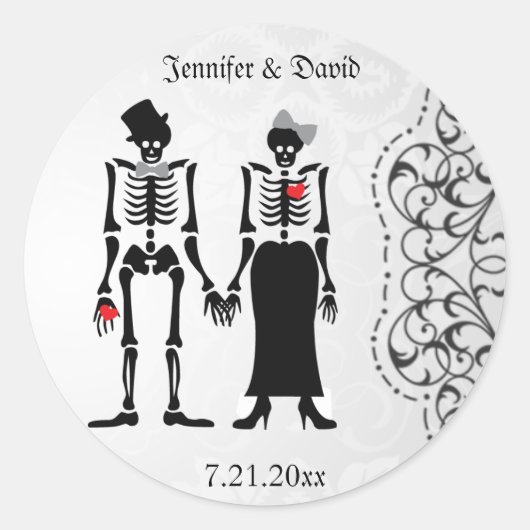 Gothic Skeleton Bride & Groom Save the Date Label Runder Aufkleber (Vorderseite)