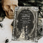 Gothic Skeleton Bride & Groom Wedding Einladung<br><div class="desc">Dark and Moody "'Til ath do us part'" Goth Wedding Einladungen mit Braut- und Bräutigeletten. Die Skelettbrücke mit weißem Blumenstrauß und Bräutigam in einer gotisch ovalen Spuk Gasse. Perfekt für ein Halloween, Totentag, "Tod macht uns Teil", Nacht unter den Sternen, kosmisch, horoskop, gotisch oder mystisch magisch für jede Feier. Alle...</div>