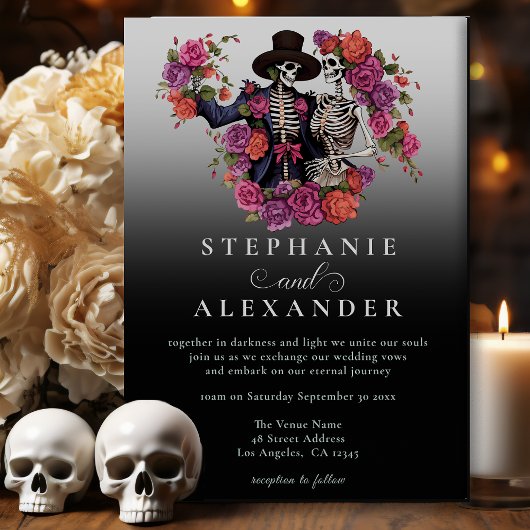 Gothic Skeleton Couple Black Blume Wedding Einladung