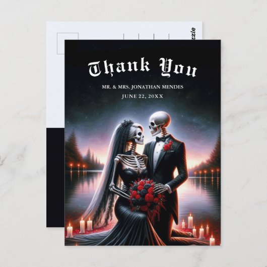 Gothic Skeleton Couple Navy Wedding Thank You Postkarte (Vorne/Hinten)