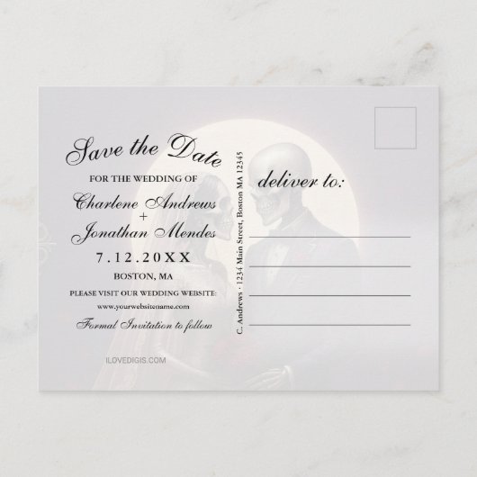 Gothic Skeleton Couple Purple Save the Date Ankündigungspostkarte (Rückseite)