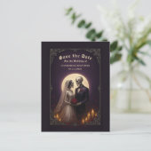 Gothic Skeleton Couple Purple Save the Date Ankündigungspostkarte (Stehend Vorderseite)