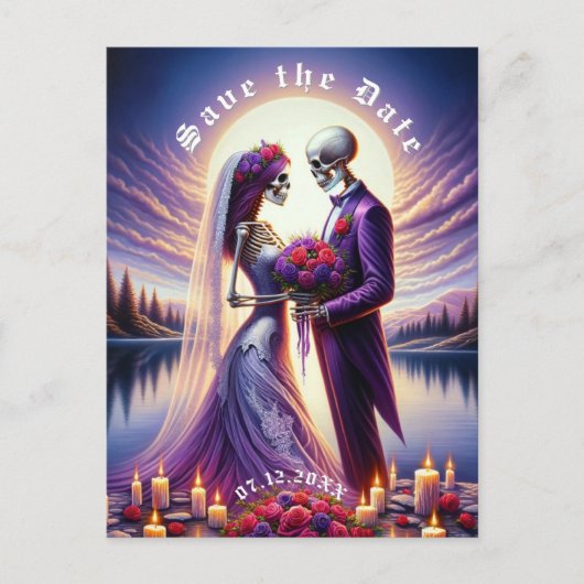 Gothic Skeleton Couple Red Roses Save the Date Ankündigungspostkarte (Vorderseite)