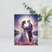 Gothic Skeleton Couple Red Roses Save the Date Ankündigungspostkarte (Stehend Vorderseite)