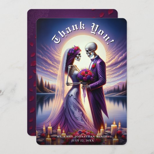 Gothic Skeleton Couple Red Roses Wedding Dankeskarte (Vorne/Hinten)