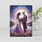 Gothic Skeleton Couple Red Roses Wedding Dankeskarte (Stehend Vorderseite)