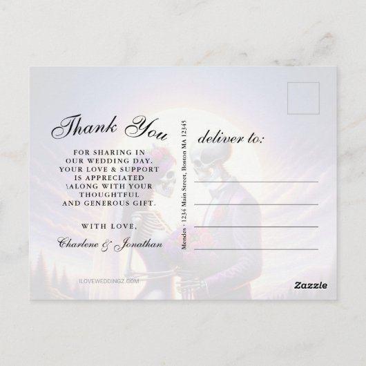 Gothic Skeleton Couple Red Roses Wedding Thank You Postkarte (Rückseite)