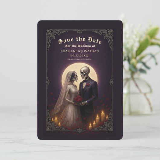 Gothic Skeleton Couple Wedding Save the Date (Stehend Vorderseite)