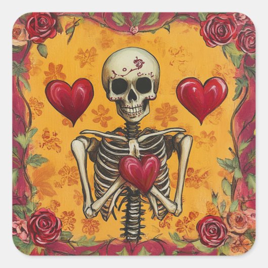 Gothic Skeleton Herz Rote Rosen Romantische Volksk Quadratischer Aufkleber (Vorderseite)