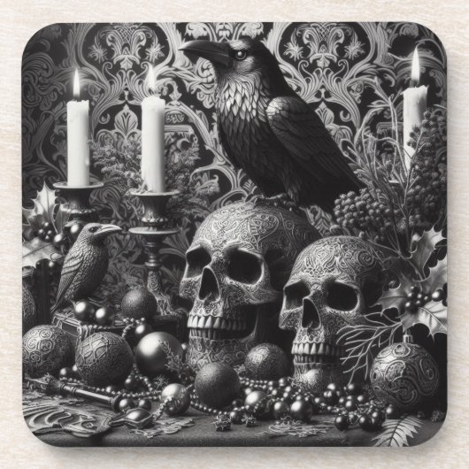 Gothic Skeleton Kerze | Dunkles Monotones Hallowee Getränkeuntersetzer (Vorderseite)