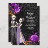 Gothic Skeleton Lila Floral Halloween Hochzeit Einladung (Vorne/Hinten)