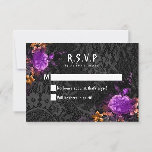 Gothic Skeleton Lila Floral Halloween Hochzeit RSVP Karte (Vorderseite)