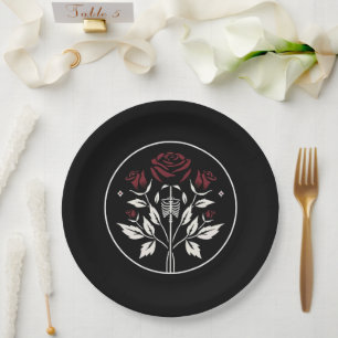 Gothic Skeleton Rib Rose Schwarz Elegante Hochzeit Pappteller