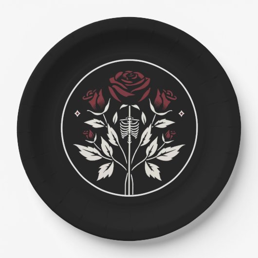 Gothic Skeleton Rib Rose Schwarz Elegante Hochzeit Pappteller (Vorderseite)