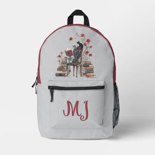 Gothic Skeleton Scholar Leserbuch & Black Cat Bedruckter Rucksack (Vorderseite)