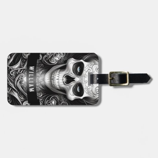 Gothic Skeleton Skull Black and White Name Gepäckanhänger (Vorderseite horizontal)