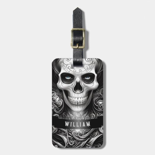 Gothic Skeleton Skull Black and White Name Gepäckanhänger (Vorderseite vertikal)