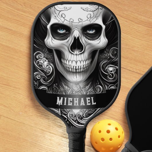 Gothic Skeleton Skull Black & White Name Pickleball Schläger