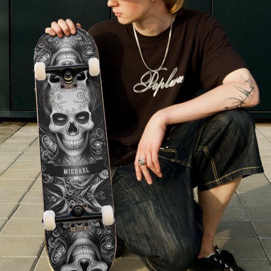 Gothic Skeleton Skull Black & White Skateboard