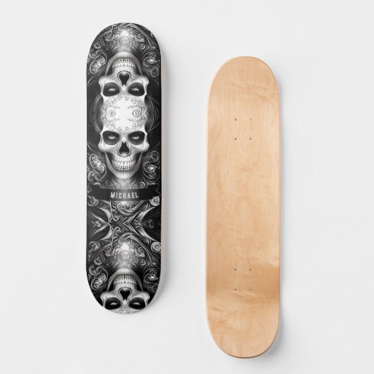 Gothic Skeleton Skull Black & White Skateboard (Vorderseite)