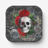 Gothic Skeleton Skull Rote Rosen Graues Blumenpapi Pappteller (Vorderseite)