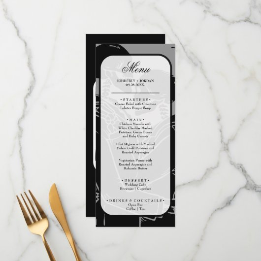 Gothic Skeletons Black and White Wedding Menu Menükarte (Vorderseite/Rückseite Beispiel)