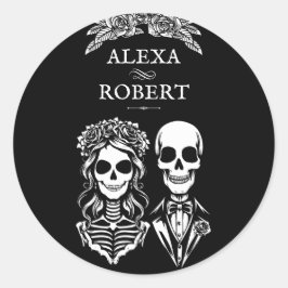 Gothic Skelett Rose Paar Hochzeitsticker Runder Aufkleber