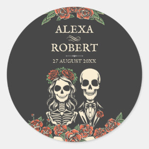 Gothic-Skelett-Rosen-Paar-Hochzeit-Aufkleber Runder Aufkleber