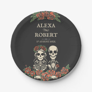 Gothic-Skelett-Rosen-Paar-Hochzeit Pappteller