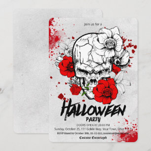Gothic Sketch Schädel rote Rose Halloween-Party Einladung