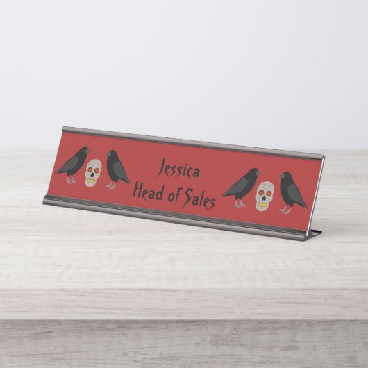 Gothic Skull and Guardian Ravens Halloween Custom Schreibtischnamensplakette (Vorderseite )