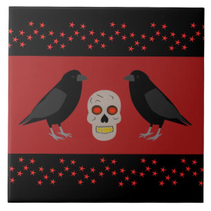 Gothic Skull and Guardian Ravens Halloween Fliese