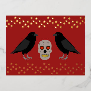 Gothic Skull and Guardian Ravens Halloween Folien Feiertagspostkarte